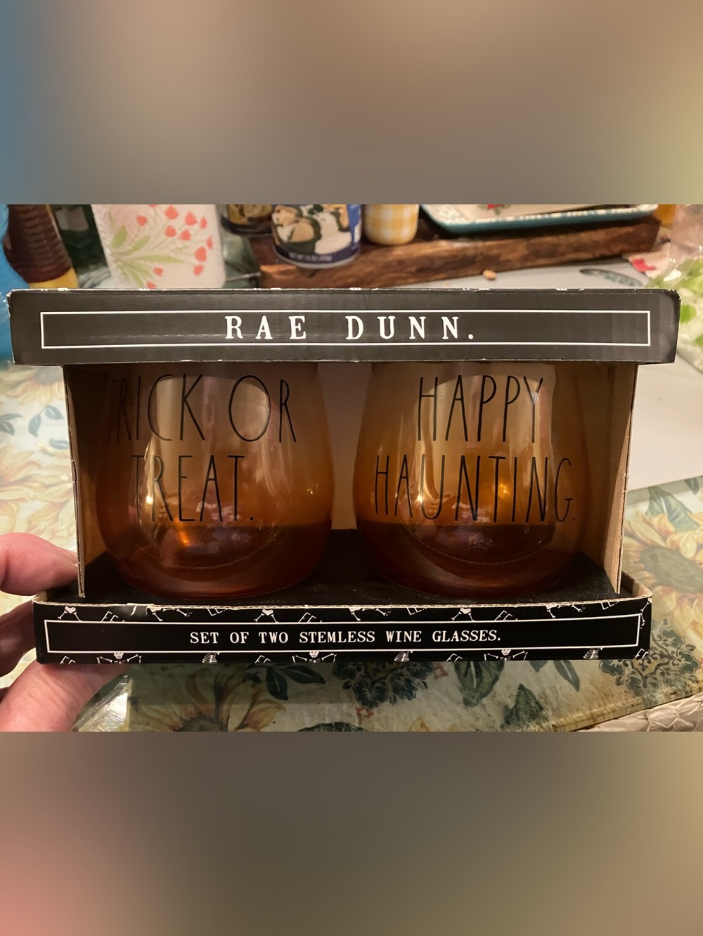 Rae Dunn Amber Stemless Wine Glasses - Trick or Treat & Happy Haunting